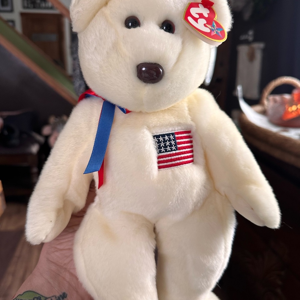 Ty Cream Beanie Baby with Red & Blue Ribbon